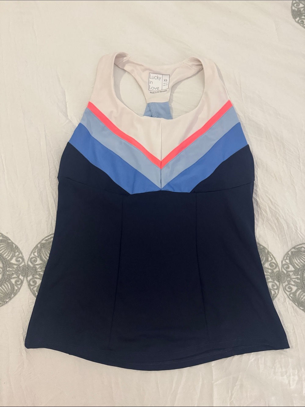 Lucky in Love Navy Tank with Pink, Light Blue & Periwinkle Chevron size XS
